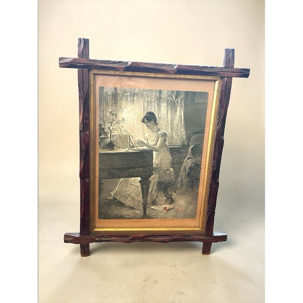 Vtg Percy Moran The Old Song Engraving Art Print In Antique Wooden Stick Frame